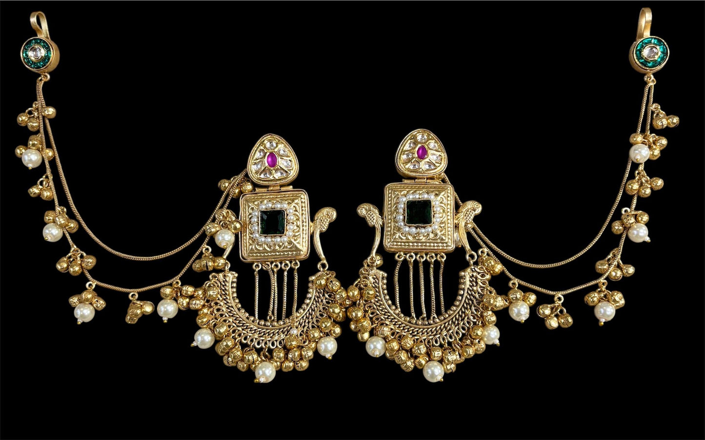 Kundan Earrings with Red Stone & Ghungroo Pearl Chains