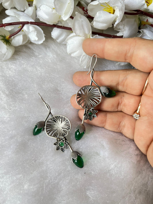 Oxidised Silver Lotus Drop Earrings