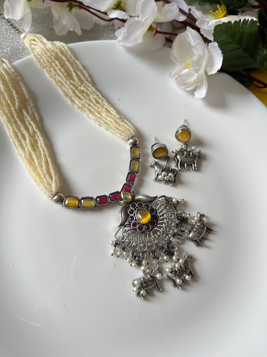 Oxidised Silver Cow Charm Kundan Necklace