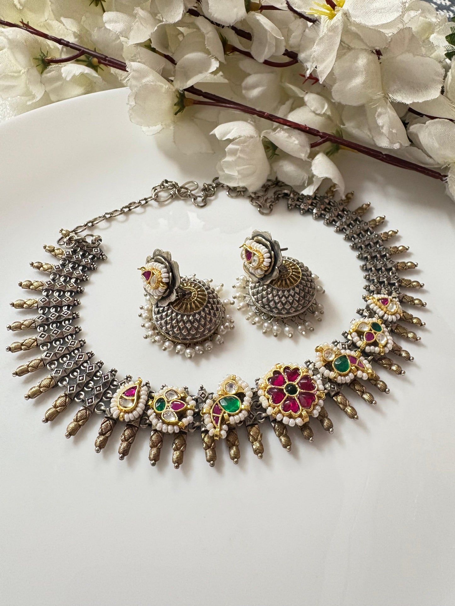 Red-Green Stonework Oxidised Set💙💙