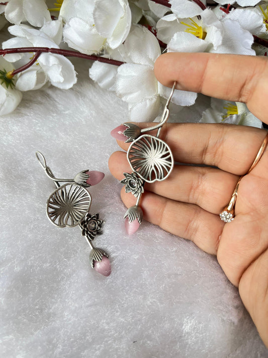 Oxidised Silver Lotus Drop Earrings with pink Stones