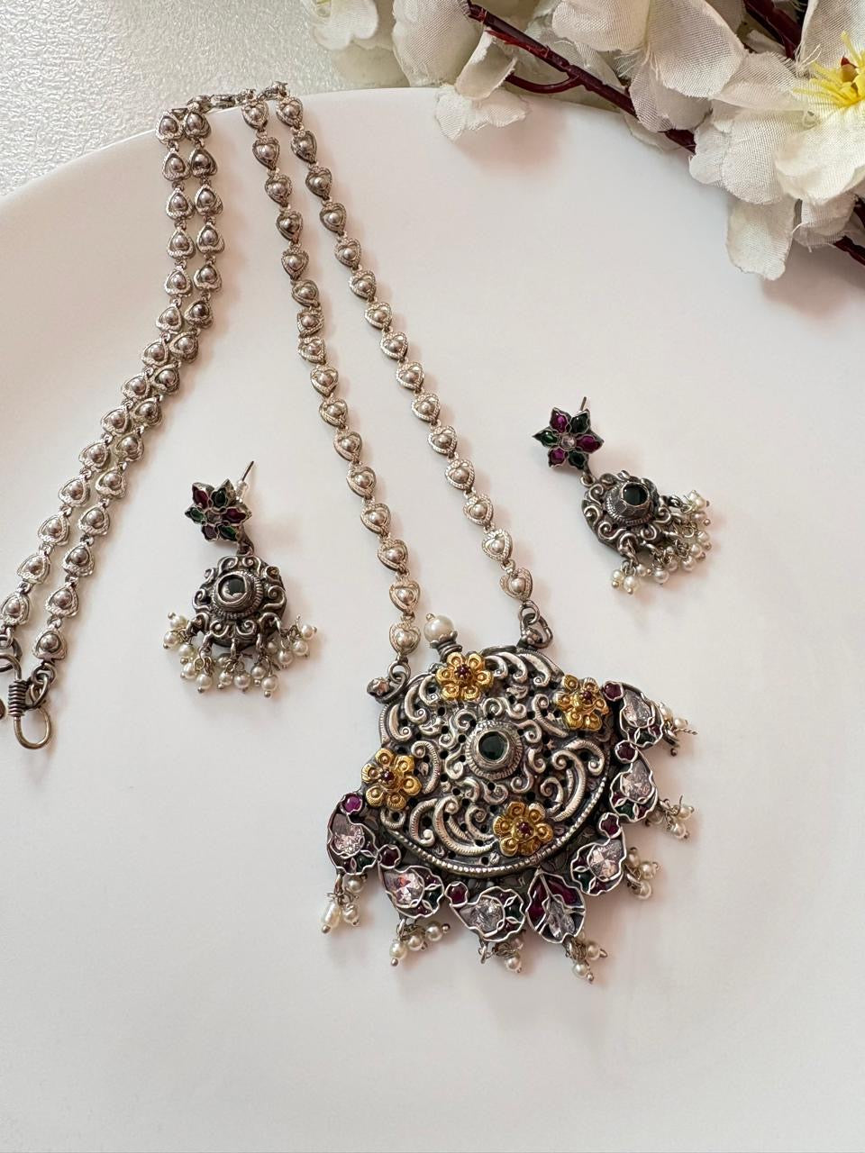 Vintage Oxidised Peacock Pendant Set