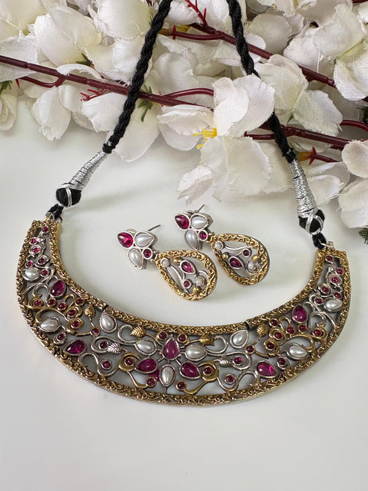 Dual Tone Polki Necklace Set