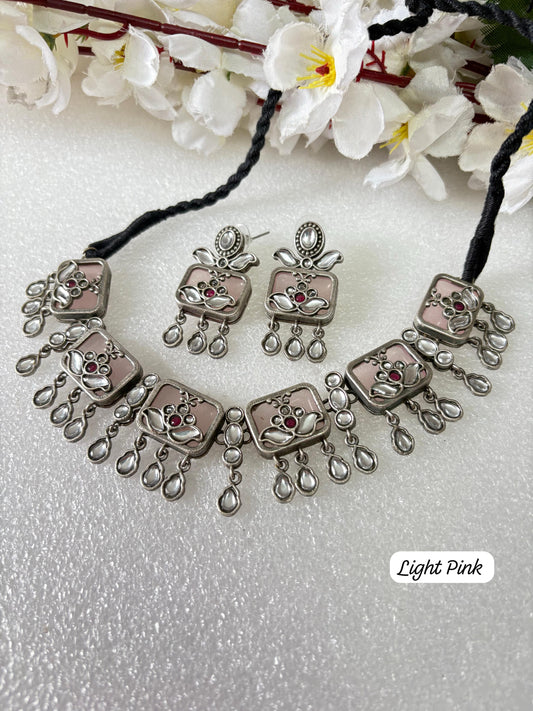 Handcrafted Maroon & Silver Oxidised Necklace