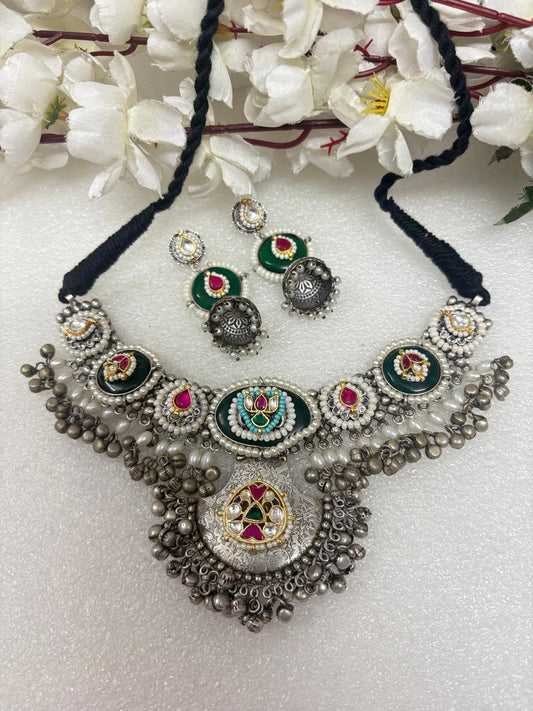 Royal Silver Oxidised Necklace & Earrings Set