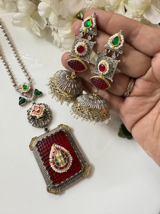 Premium Quality Stone Long Pendant Necklace & Jhumka Set