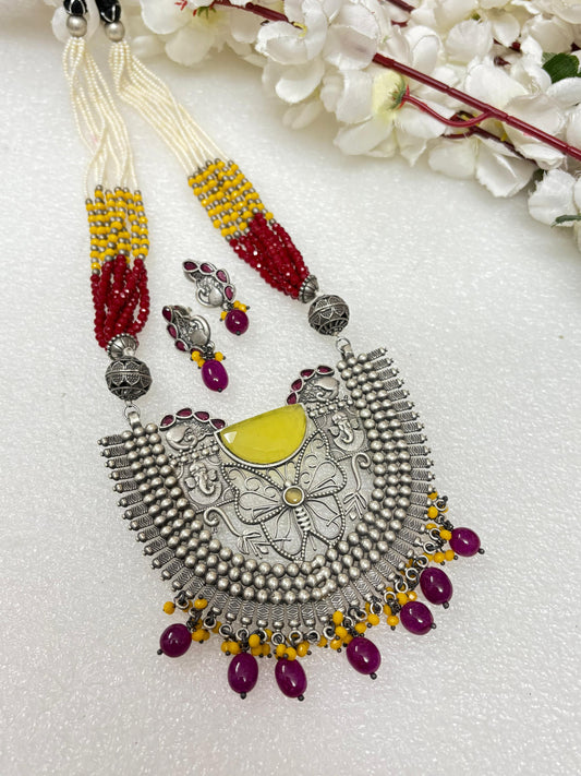 Antique Finish Necklace with Multicolor Beads