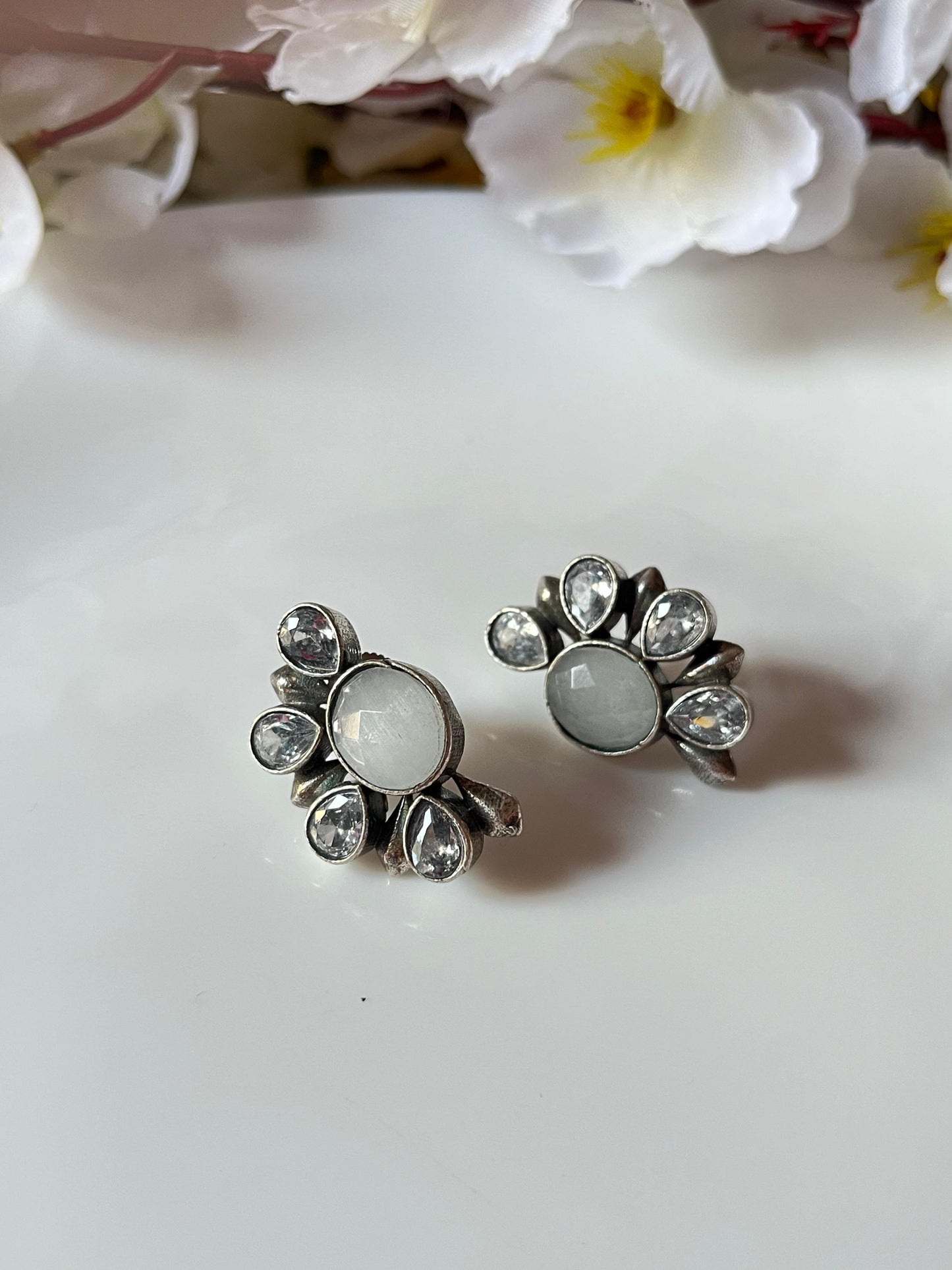 Handcrafted Oxidised Studs with Purple Gemstone Set of 3 combo