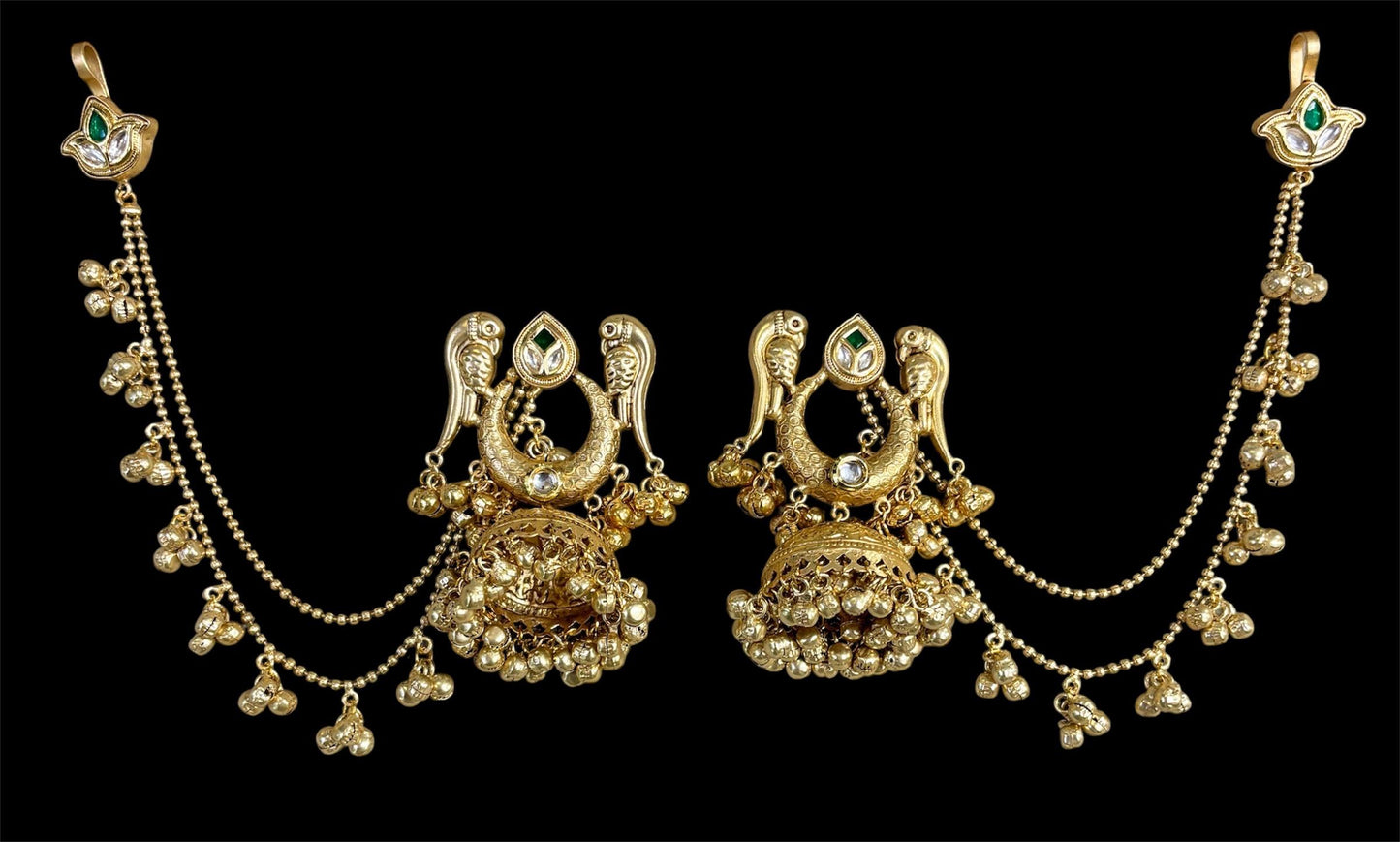 Parrot Motif Temple Jewellery Jhumkas with Side Chains