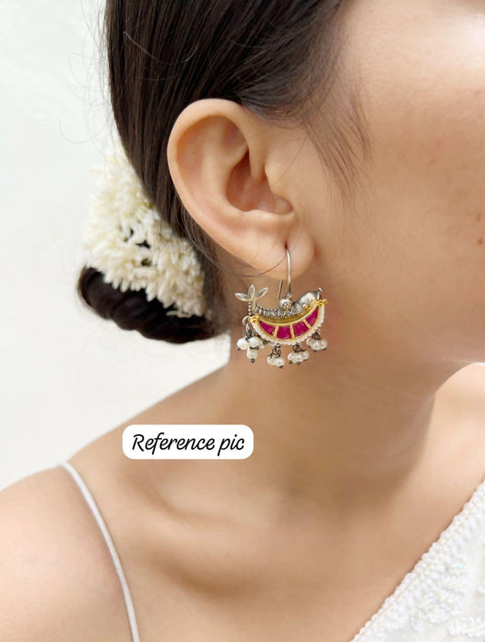 Festive Pink & Silver Half-Moon Danglers