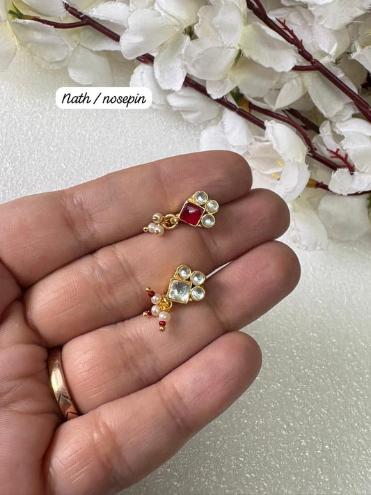 Floral Kundan Nose Pin with Pearl Drop