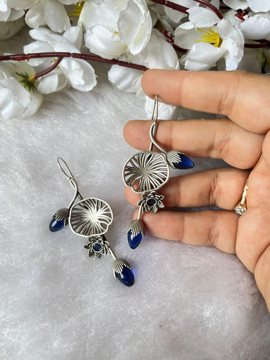Oxidised Silver Lotus Drop Earrings with Blue Stones