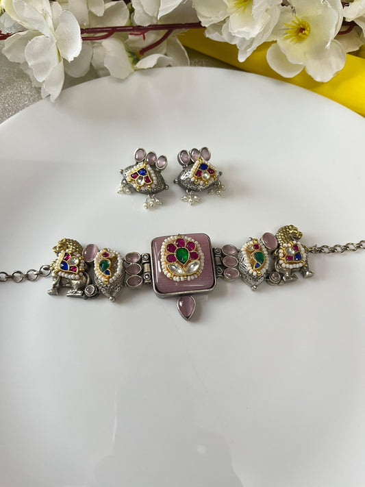 Handcrafted Temple Jewelry Set with Colorful Kundan and Pearls