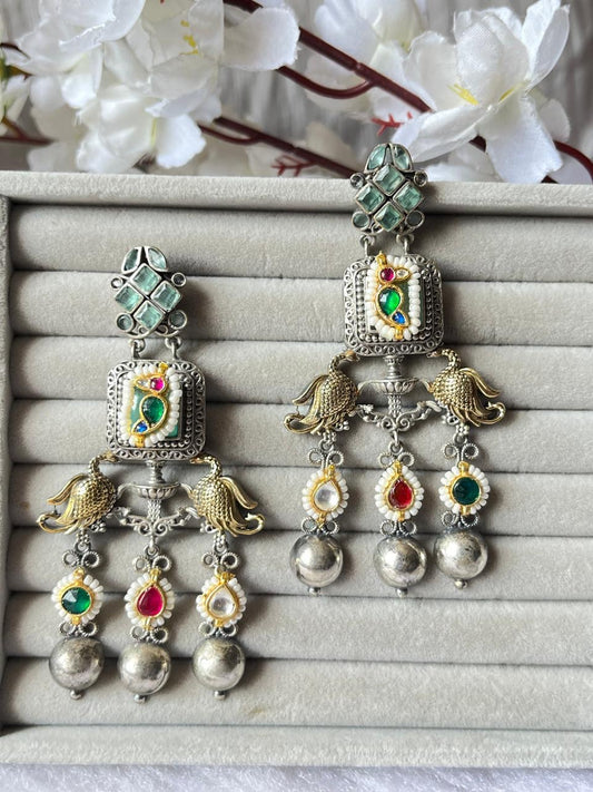 Classic Silver Oxidised Earrings with Multicolor Stones