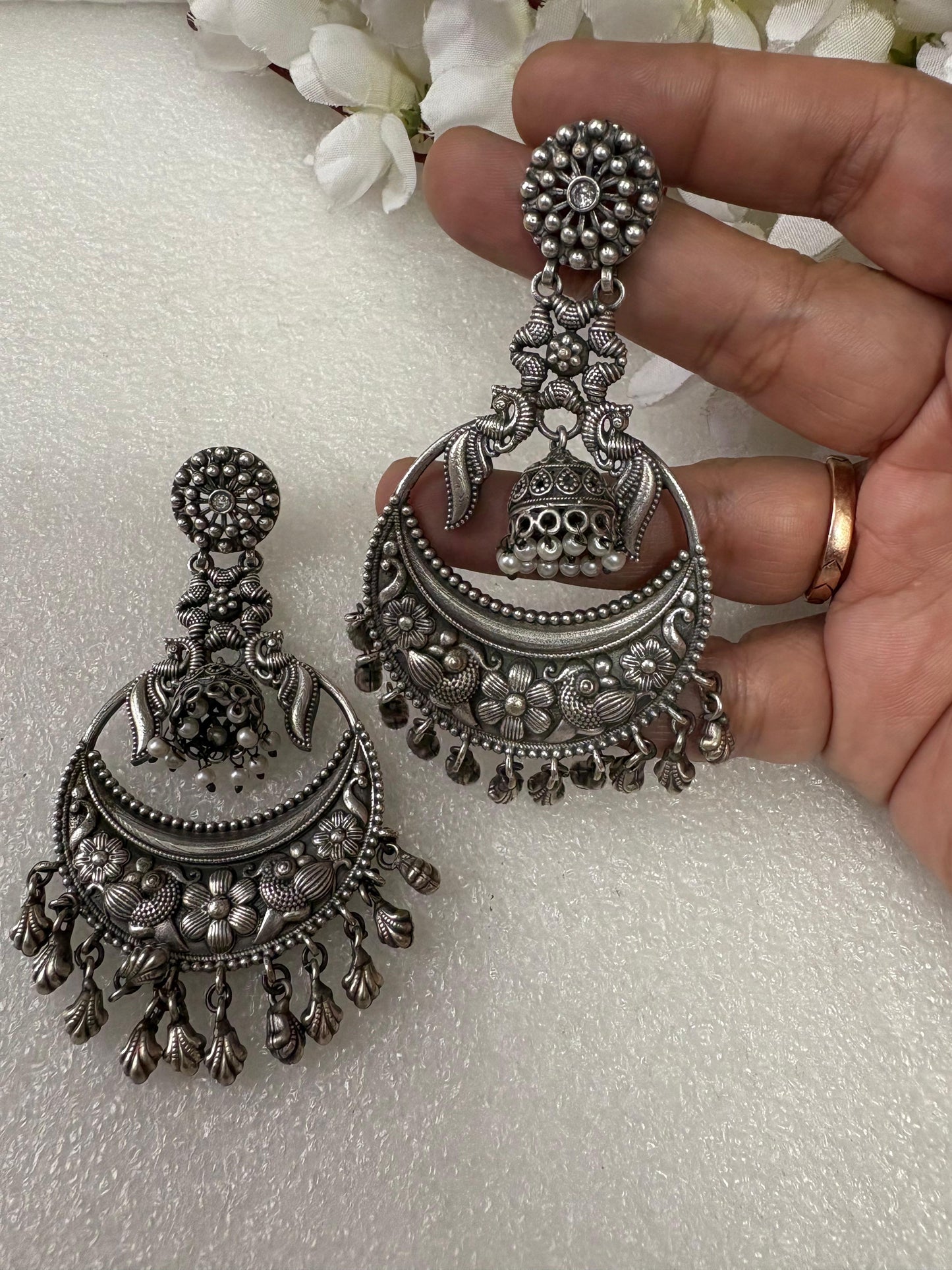 Floral Charm Oxidised Jhumka Drops