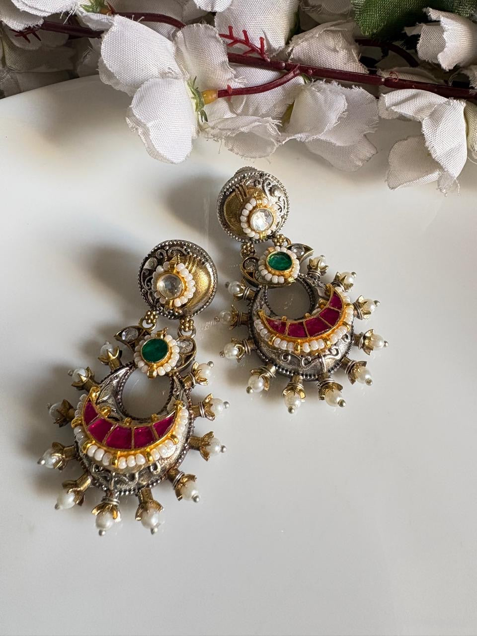 Heritage Silver-Tone Kundan Earrings