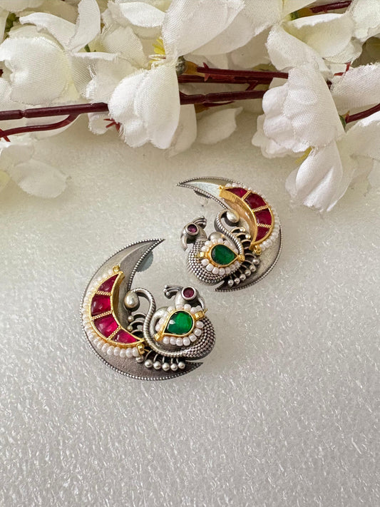 Peacock Inspired Oxidised Pachi Kundan Earrings