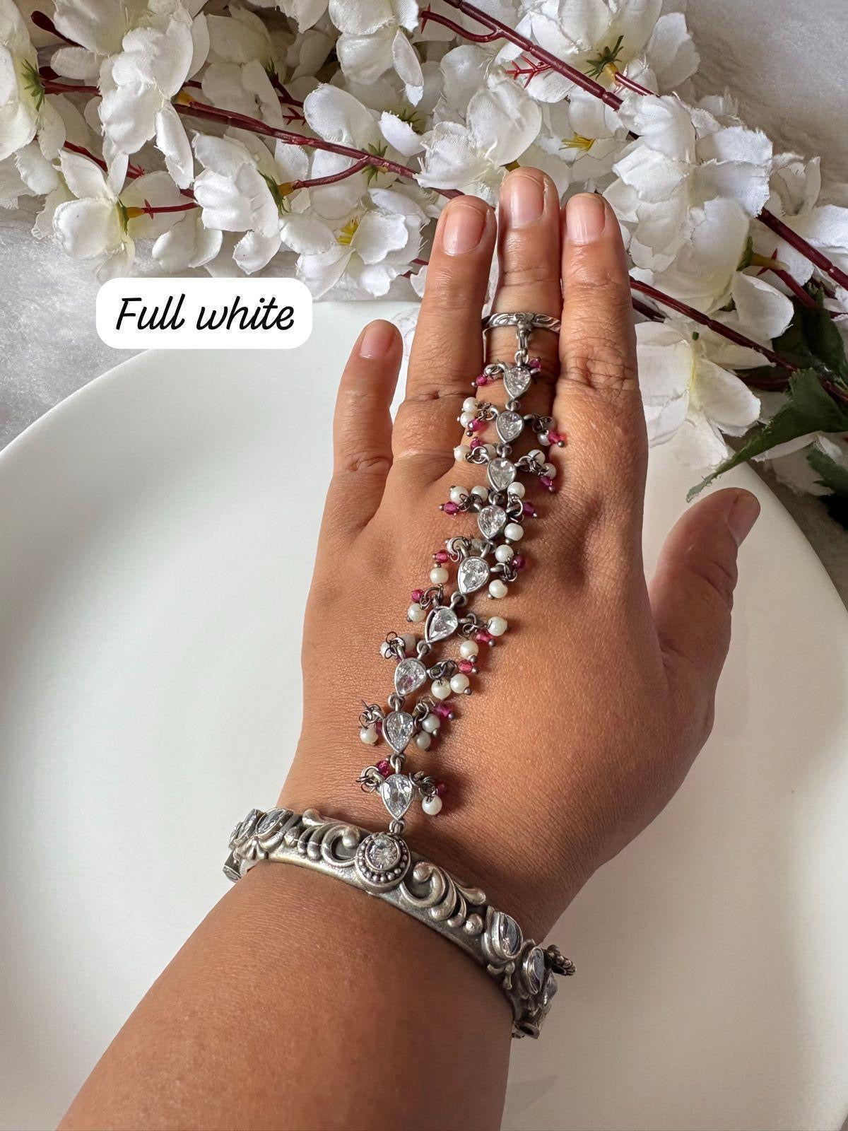 Antique Silver Haathphool with red & Pearl