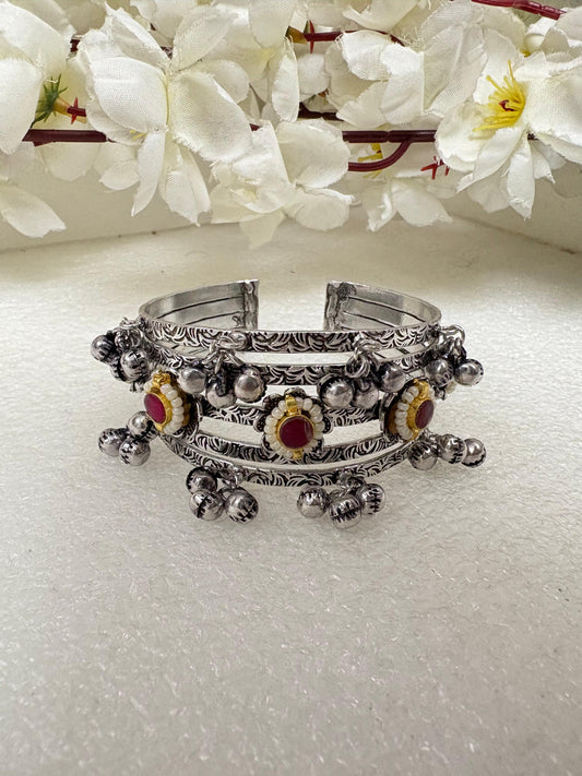 Oxidised Triple-Band Kada with Ruby Bracelet