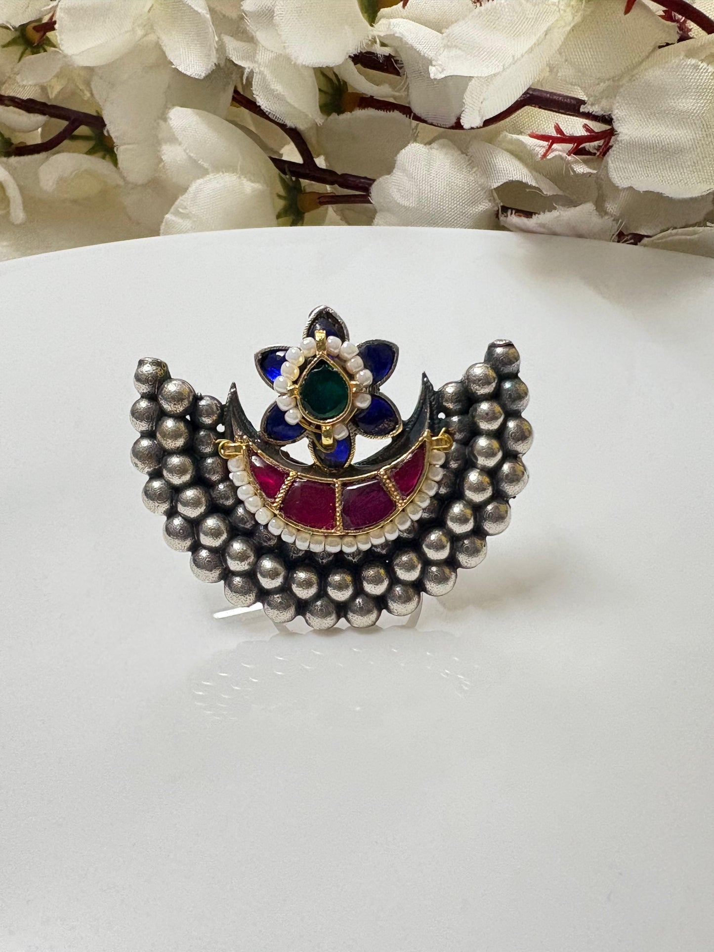 Blue Half Moon Kundan Adjustable Ring 🌙