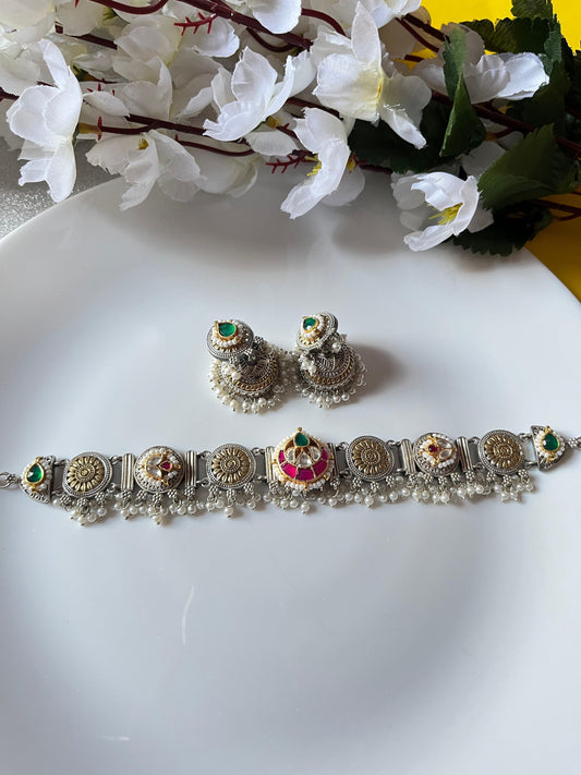 Designer Oxidised Jewellery Set with Green & Red Stones
