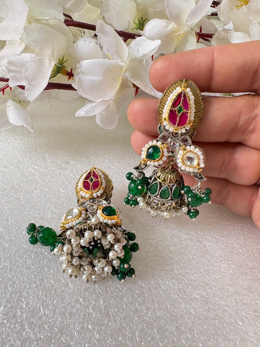 Royal Green & Ruby Meenakari Kundan Jhumkas