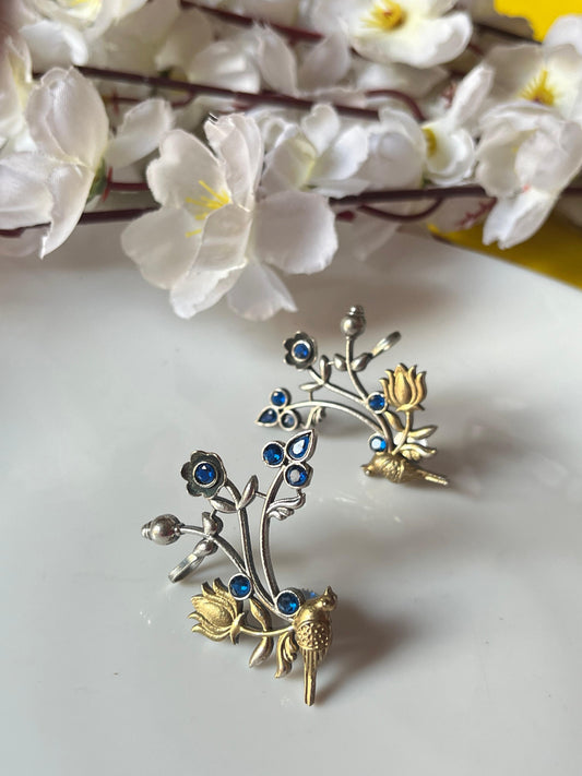 Oxidised Silver Bird & Lotus Earrings