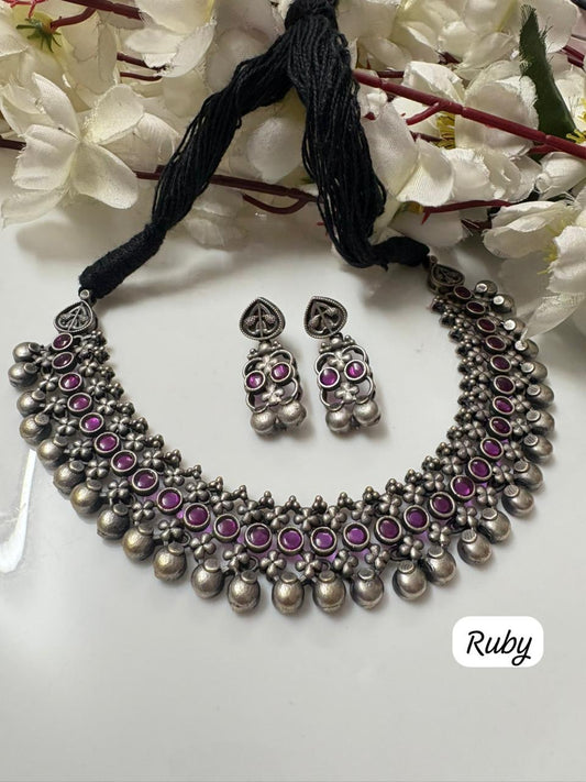 Royal Stone Oxidised Silver Necklace Set