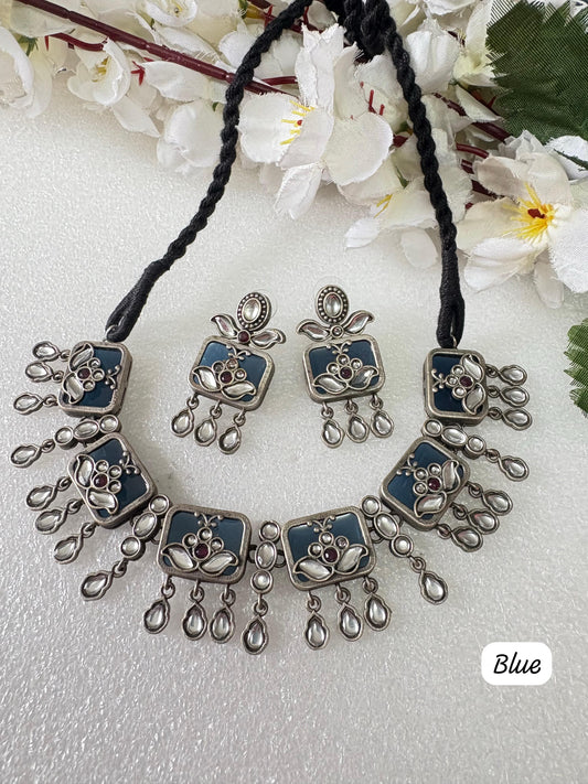 Handcrafted Maroon & Silver Oxidised Necklace