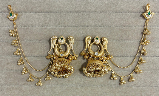 Parrot Motif Temple Jewellery Jhumkas with Side Chains