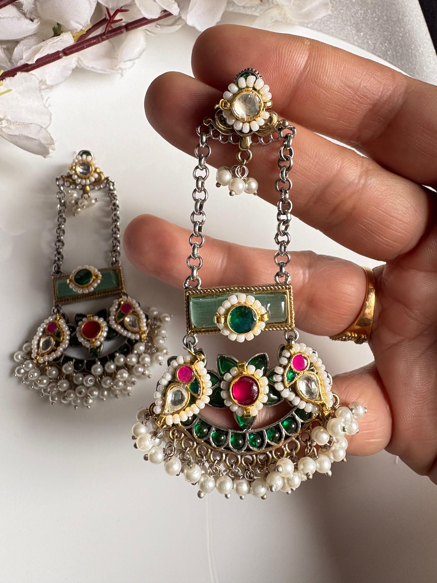 Vintage Mughal Kundan Earrings with Pearl Drops