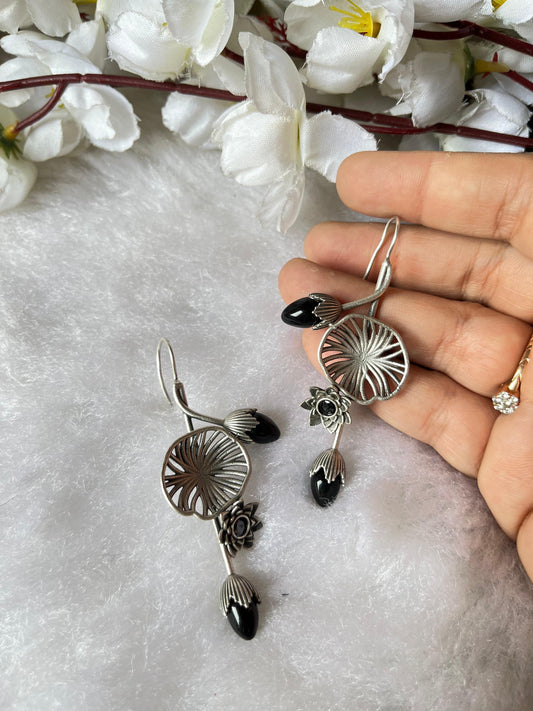 Oxidised Silver Lotus Drop Earrings