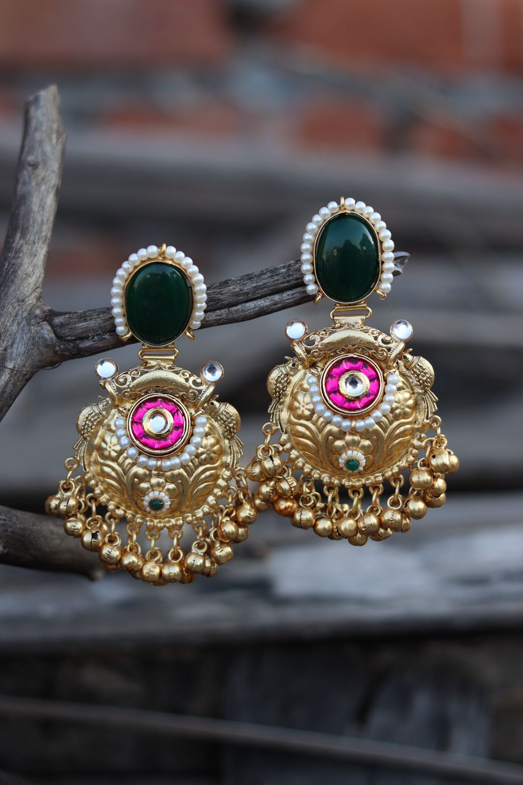 Traditional Gold-Plated Jhumkas with Kundan Work