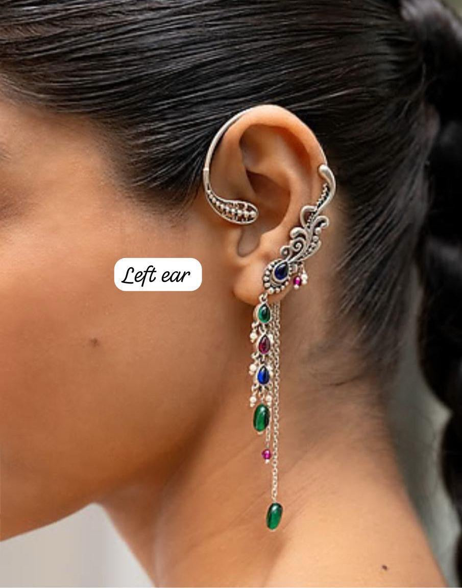 Oxidised Floral Ear Cuff with Dangler Chains