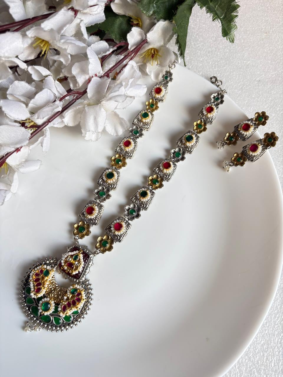 Royal Navratna Peacock Long Necklace Set