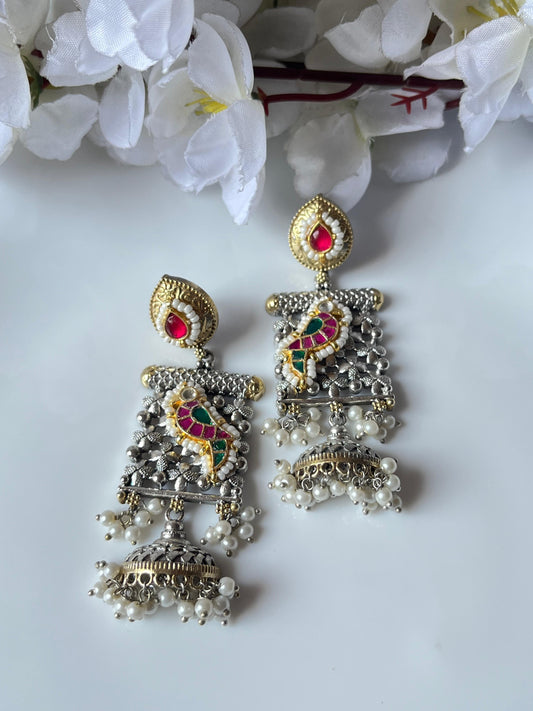 Oxidised Silver Peacock Meenakari Earrings with Pearl Drops