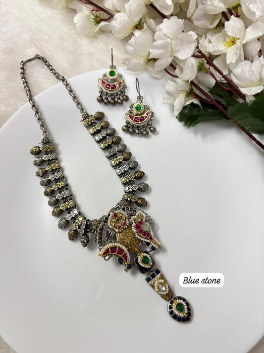 Kolhapuri dualtone necklace with kundan fusion and hook earrings