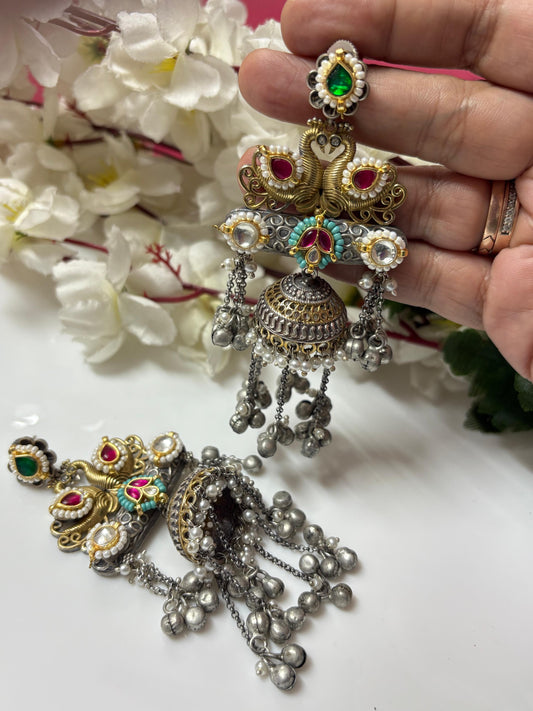 Antique Multistone Dangler Jhumkas with Pearl Detailing