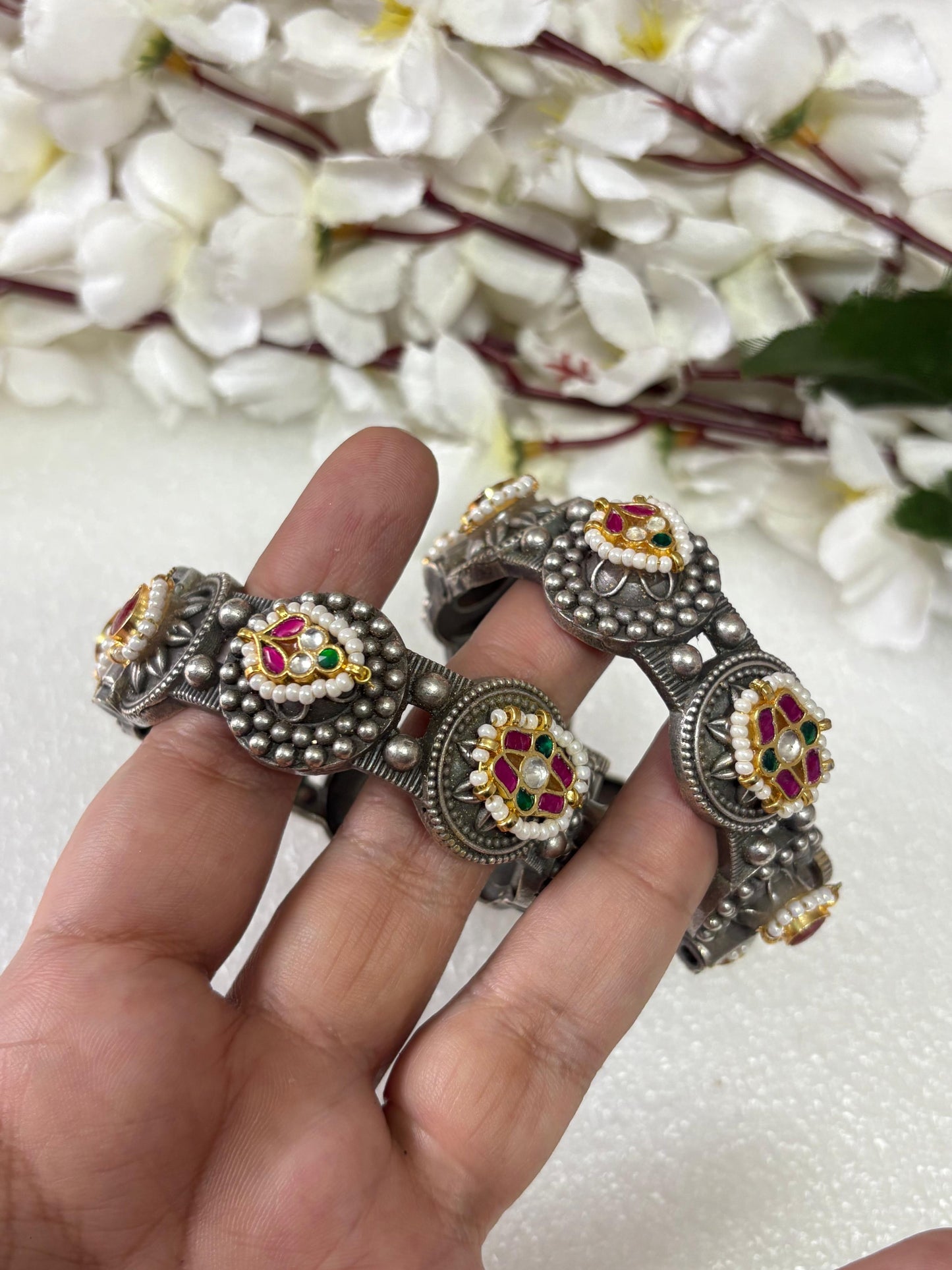 Antique Pearl & Meenakari Kada Set