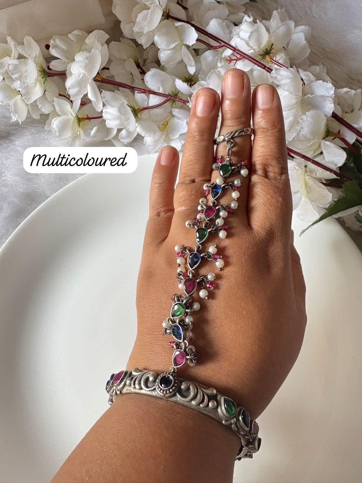 Antique Silver Haathphool with multicolour & Pearls