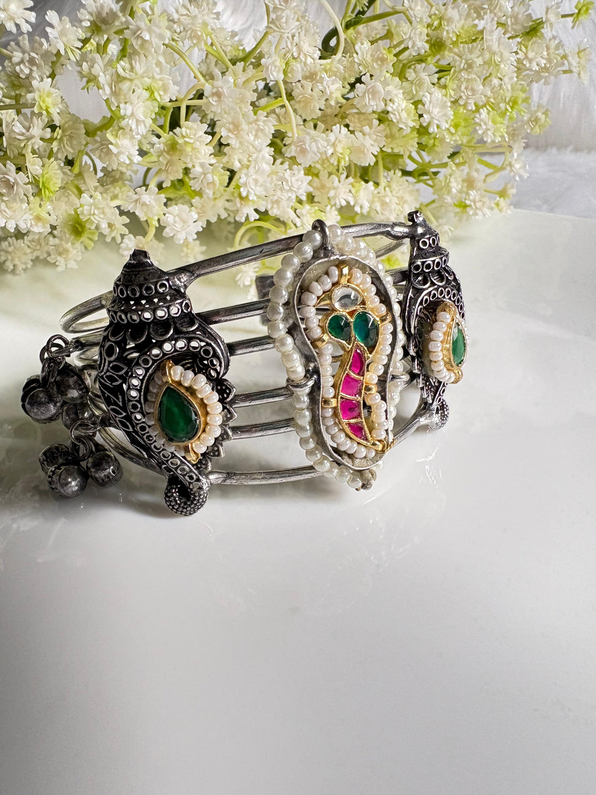 Silver Kundan Ghungroo Kada
