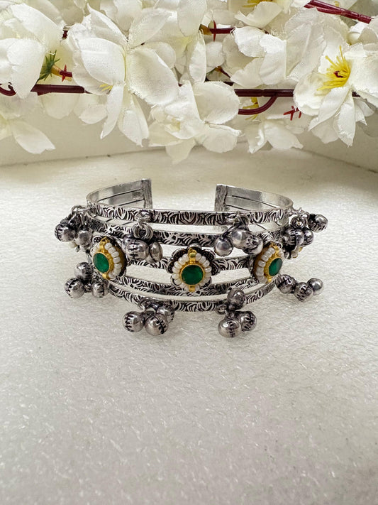 Oxidised Triple-Band Kada with Green Stone & Ghungroo bracelet