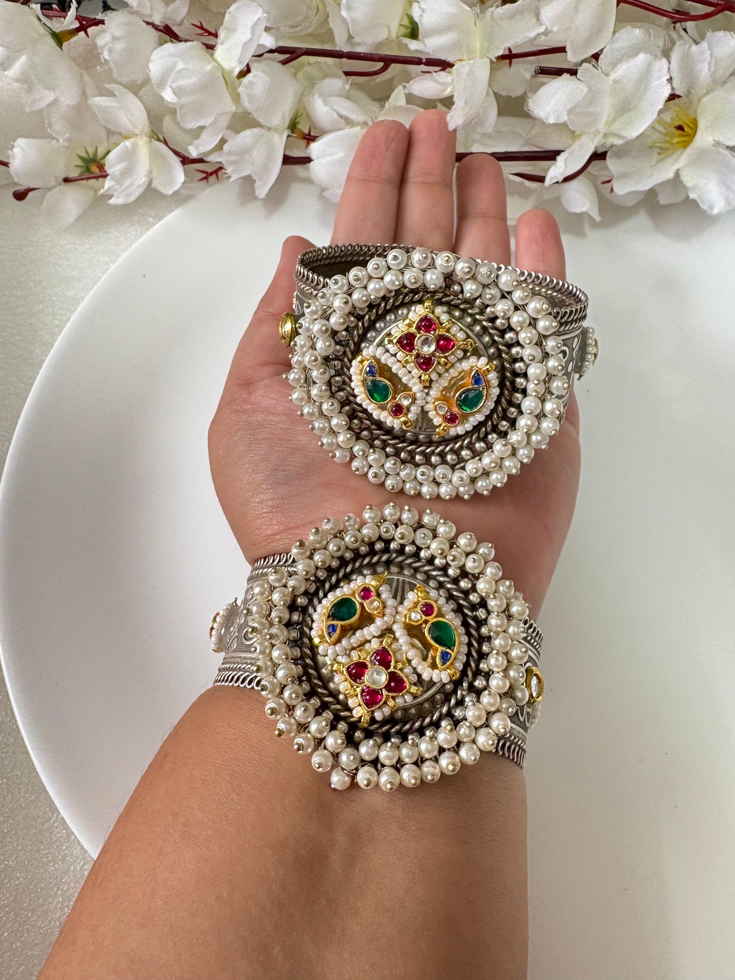 Royal Pearl-Embellished Oxidized Silver Kadas🦋🦋