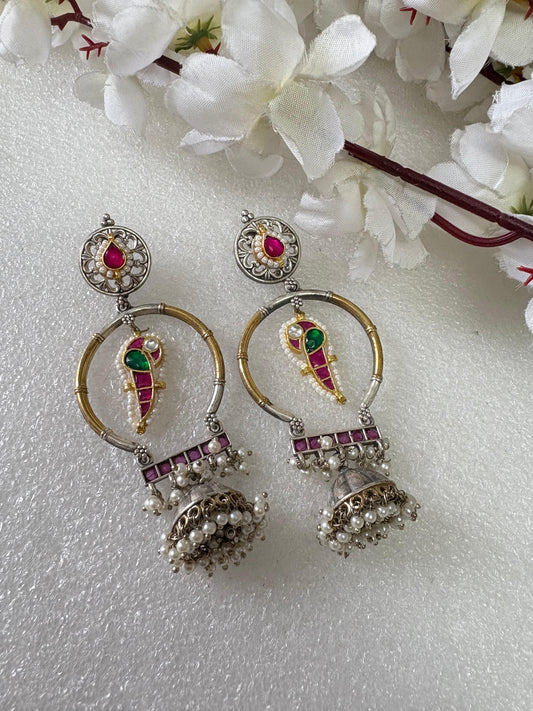 Dual-Tone Meenakari Hoop Jhumkas with Pearl Drops