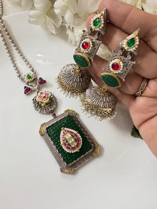 Premium Quality Stone Long Pendant Necklace & Jhumka Set