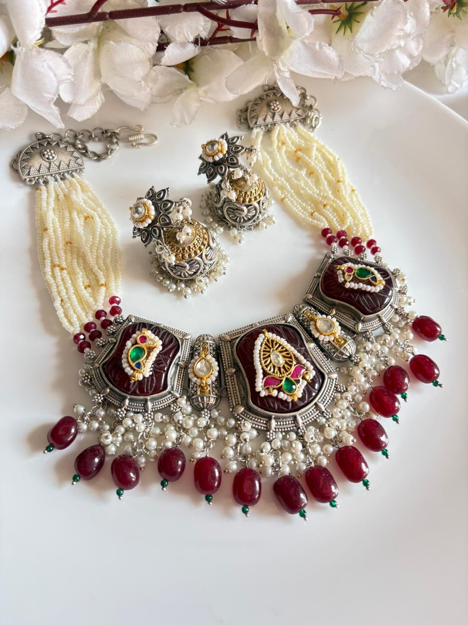 Antique Dualtone Temple Necklace — Maroon Stone & Pearl Drops