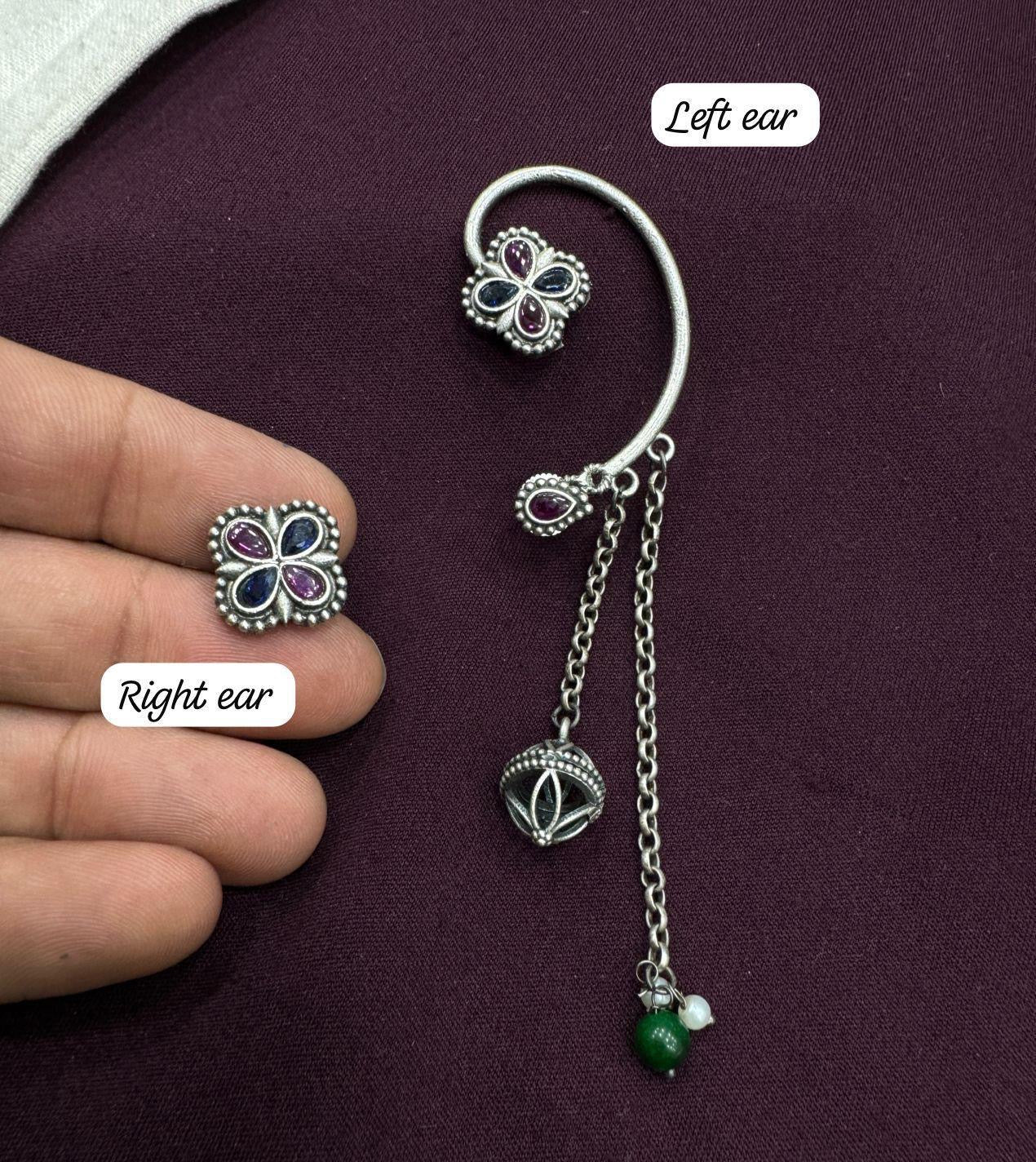 Oxidised Floral Ear Cuff with Dangler Chains