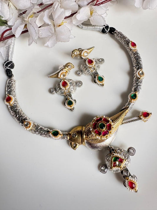Royal Navratna Peacock Long Necklace Set
