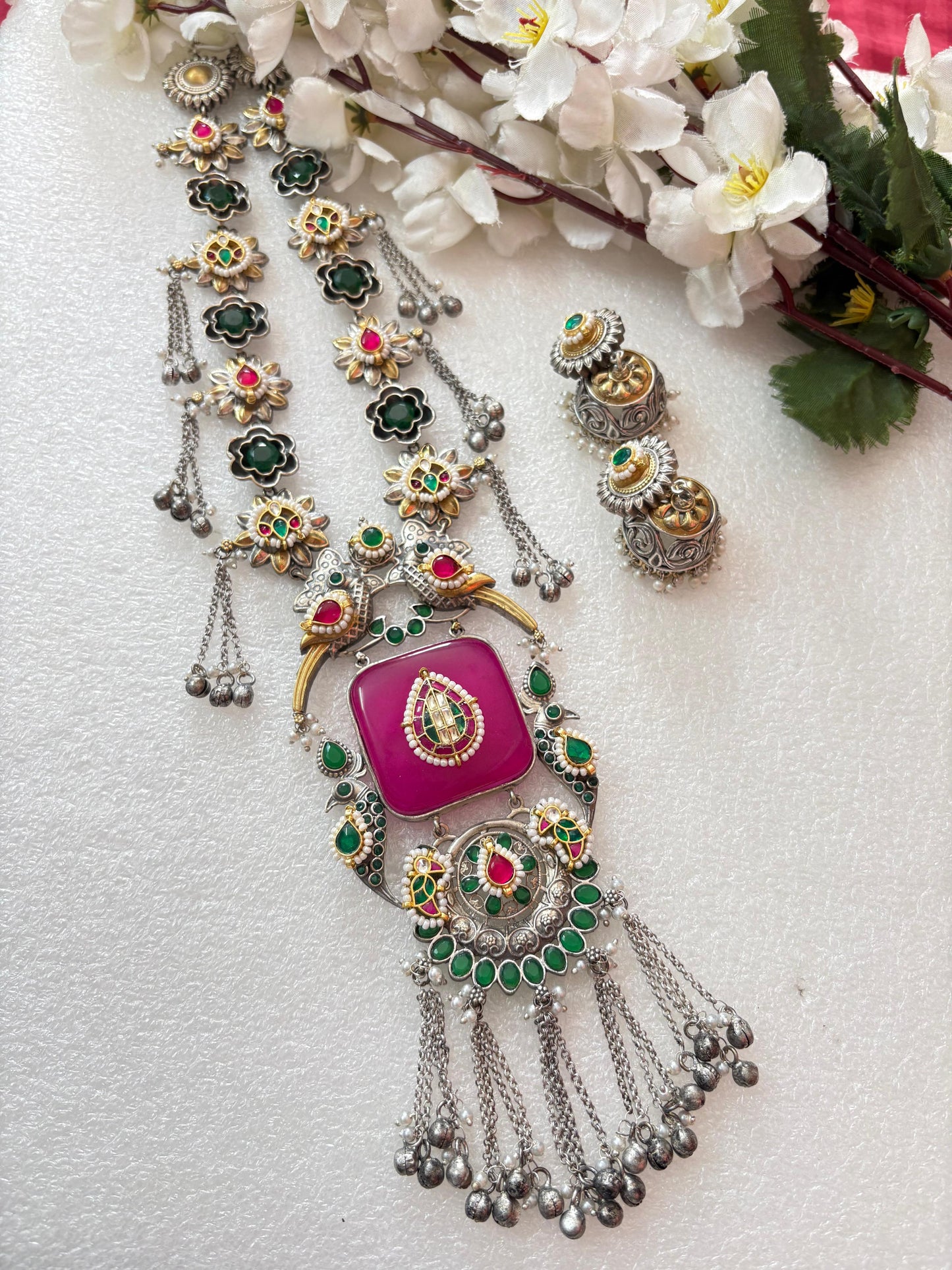 Heritage Navratna Long Necklace with Jhumkas
