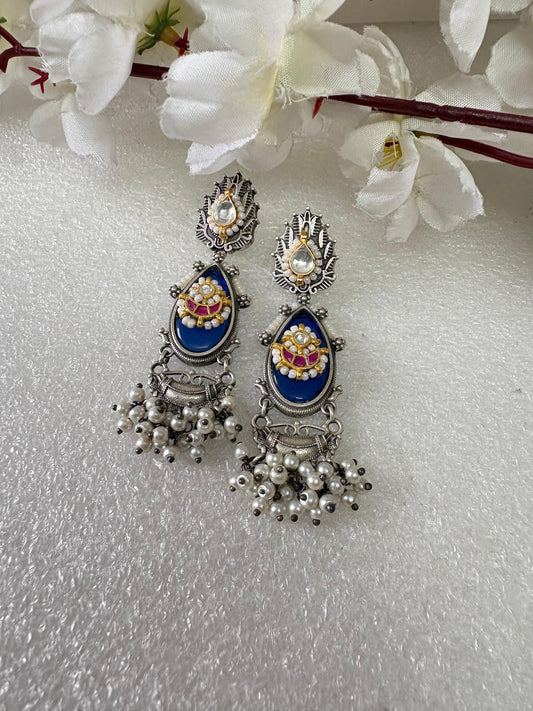 Royal Blue Oxidised Pearl Drop Earrings